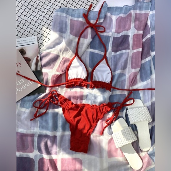 Red Triangle Side Tie Bikini Swimsuit in Red - Picture 3 of 7